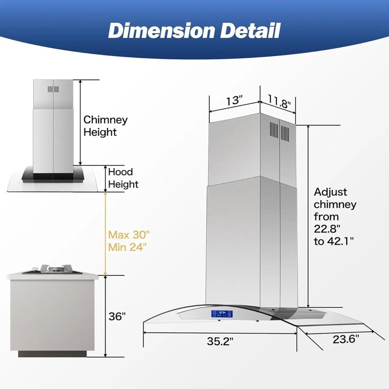 Hotte encastrable 36 pouces pour îlot de cuisine en acier inoxydable, Silver