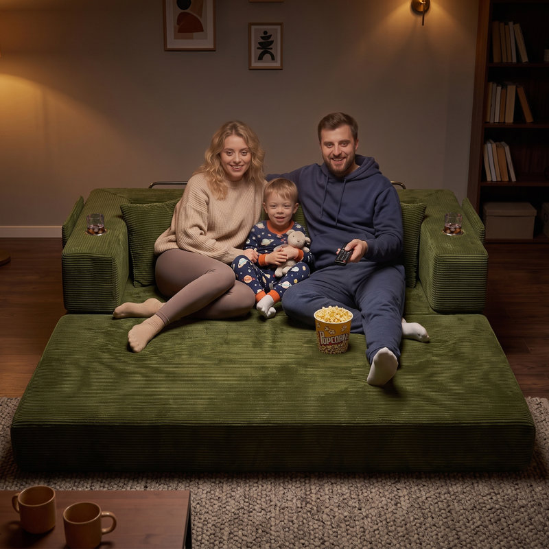 Canapé-lit futon convertible de 200 cm avec poche de rangement et porte-gobelets, canapé-lit modulable en velours côtelé, canapé-lit gigogne pour salon, aucun assemblage requis