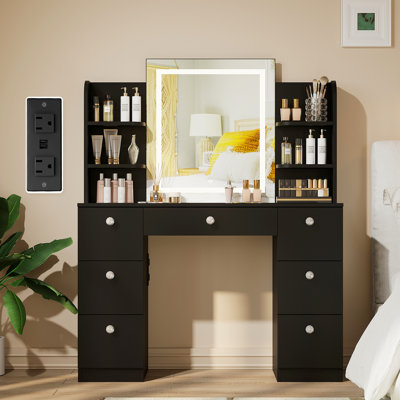 Coiffeuse avec miroir à DEL, 7 tiroirs et 6 tablettes ouvertes