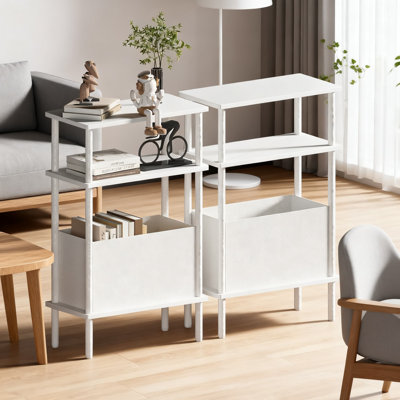 Table d'appoint étroite et étroite avec panier en tissu, ensemble de 2 tables de bout pour petits espaces, table de chevet avec tablette de rangement à 3 niveaux, table d'appoint pour canapé et canapé pour le salon et la chambre à coucher
