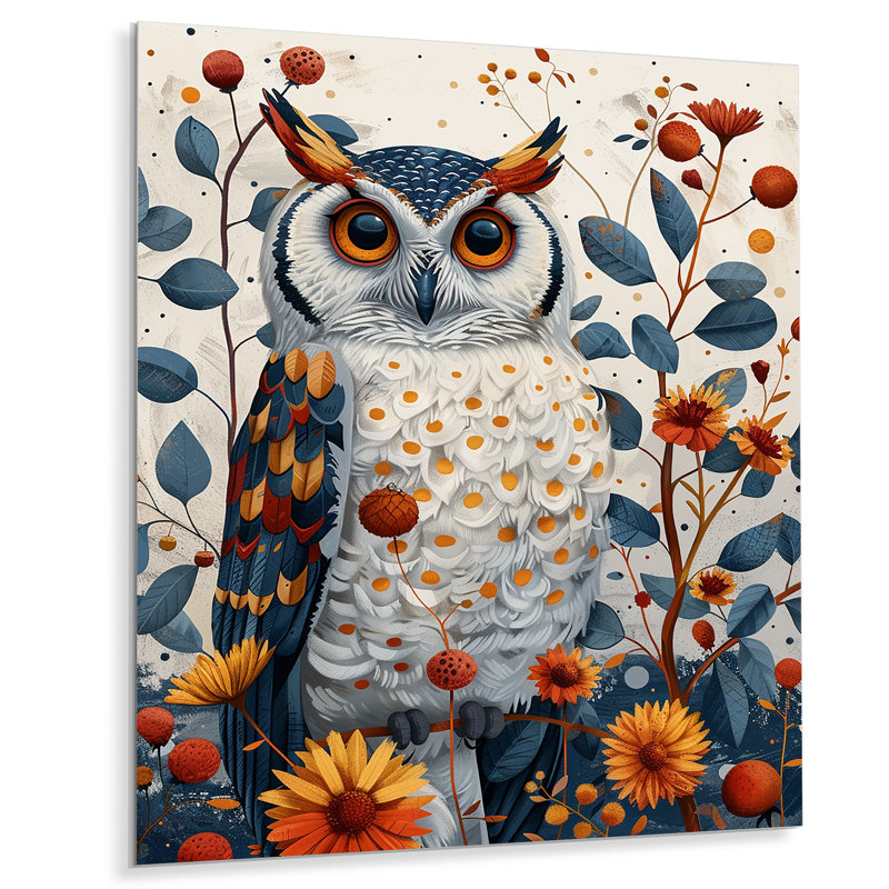 Nobel, hibou en fleurs, fleurs orange, Pas de métal encadré, H 32 po x l 24 po x P 1 po