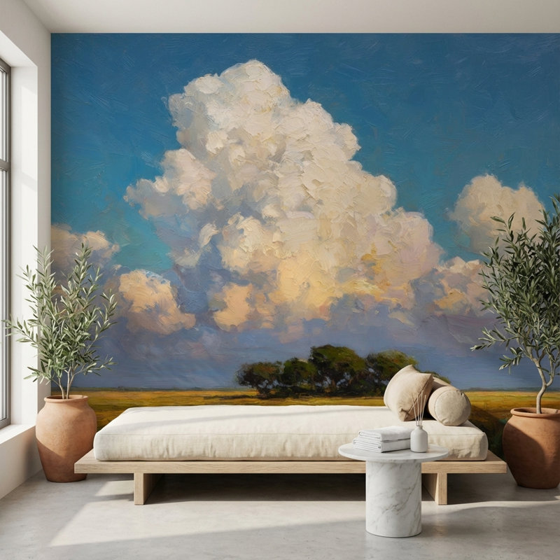 Papier peint nuages paysage impressionniste, 100 po x 96 po, Peler et coller