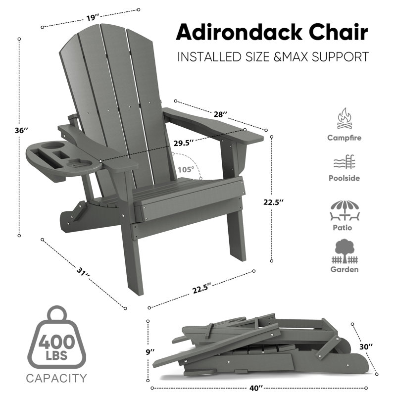 Chaise Adirondack pliante en PEHD avec porte-gobelet résistant aux intempéries, Gris