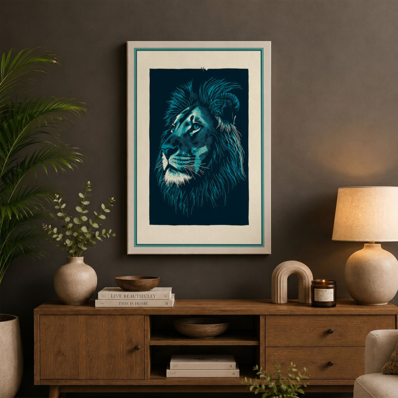 Lion in Linocut Japandi - Wrapped Canvas, 24x16 - 61.0 x 40.6 cm, White Border