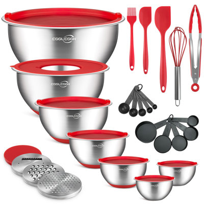 Ensemble de 26 bols à mélanger en acier inoxydable avec couvercle, ensemble de bols à salade gigognes avec accessoires à râper, tasses à mesurer et cuillères, ustensiles en silicone, rouge GVode