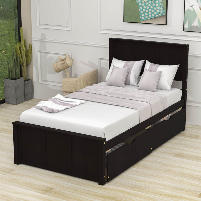Twin Size 2 Drawers Wooden Platform Bed with Headboard, Espresso