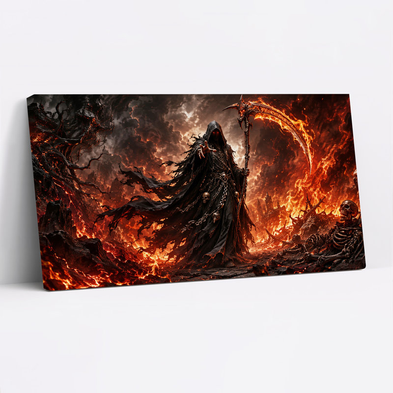 Faucheuse à capuchon foncé avec une faux enflammée dans une toile murale d'Halloween en feu, 32“W x 16”H