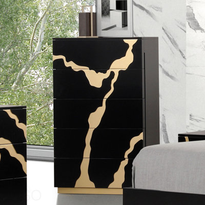 Contemporary Style 1pc Chest 5-English Dovetail Drawers Gold Painted Pattern Ball Bearing Glides Black And Gold Finish
