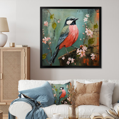 «Green and Pink Bird Floral Tree Harmony I», art mural oiseau