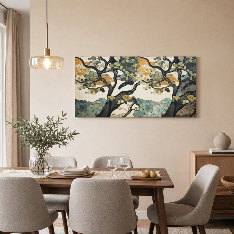 Tableau mural sur toile représentant des branches d'arbre en mosaïque turquoise et orange, L 32 po x H 16 po
