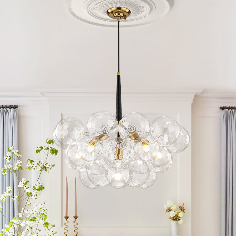 Meyana 6 - Light Bubble Hammered Patterned Glass Cluster Chandelier, Gold/Black