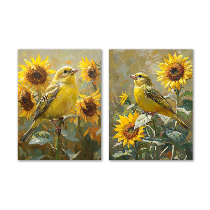 Art mural 2 pièces Finch Bird in the Farm Sunflowers I - Nature, 32" H x 48" W
