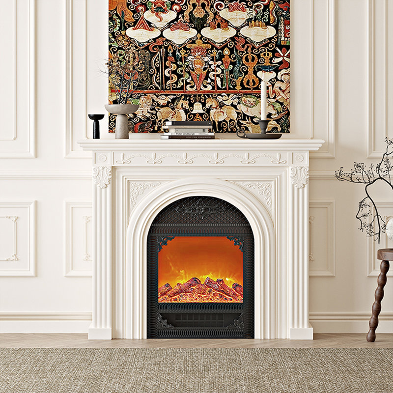 French-style fireplace with decorative carvings, household electric fireplace with simulated flames