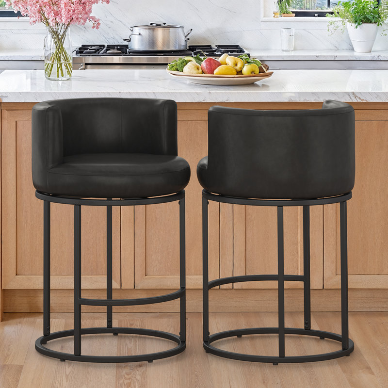 Tabouret de comptoir pivotant de 26 po avec structure cylindrique en métal et siège rond, Noir