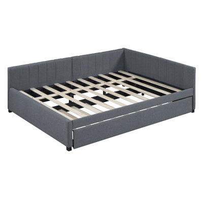 Full Size Upholstered Daybed With Trundle Sofa Bed Frame No Box Spring Needed, Linen Fabric(Gray)