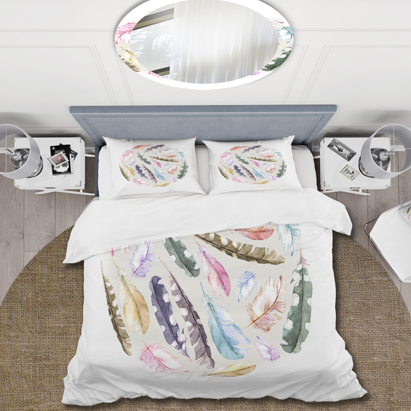 Plumes d'oiseaux rétro en cercle - ensemble de housse de couette traditionnel - microfibre de polyester