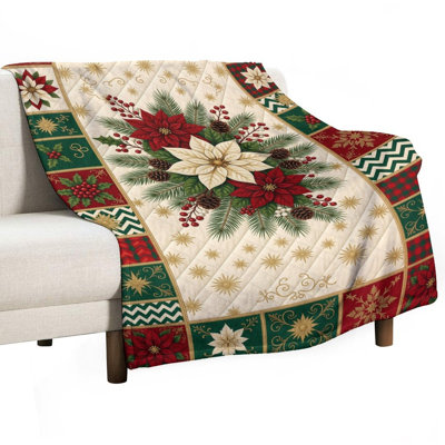 Jeté festif en flanelle de luxe poinsettia, couverture douce et chaude pour le canapé-lit du salon