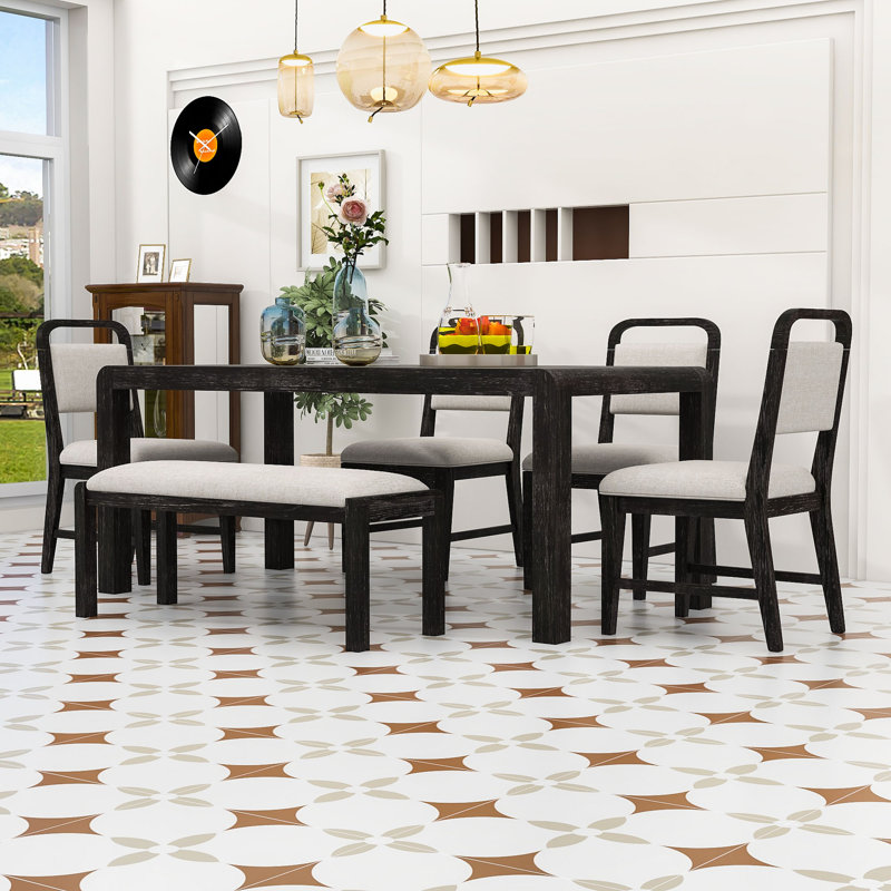 Table de salle à manger extensible Vintage pour 4 à 6 personnes, table en bois rustique avec 4 chaises rembourrées et banc