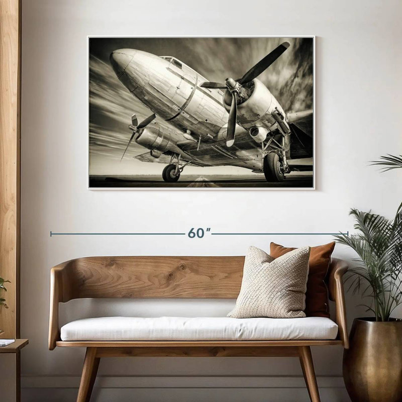 Avion rétro monochrome, Cadre flottant blanc, 46 po x 31 po