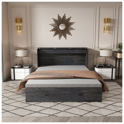Full Size Murphy Bed with Storage Drawers and Charging Cabinet, Wall Folding Bed System, Black Solid Wood and MDF Frame