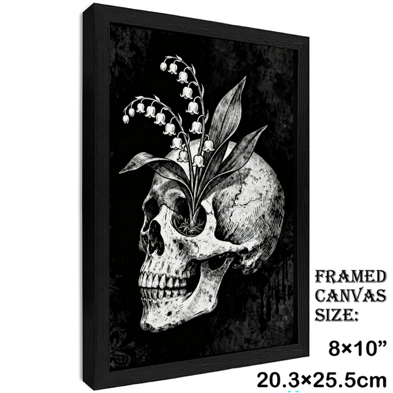 Art encadré noir, "La fleur de cloche" plantée dans la douille de l'œil du crâne, impressions sur toile de style rétro