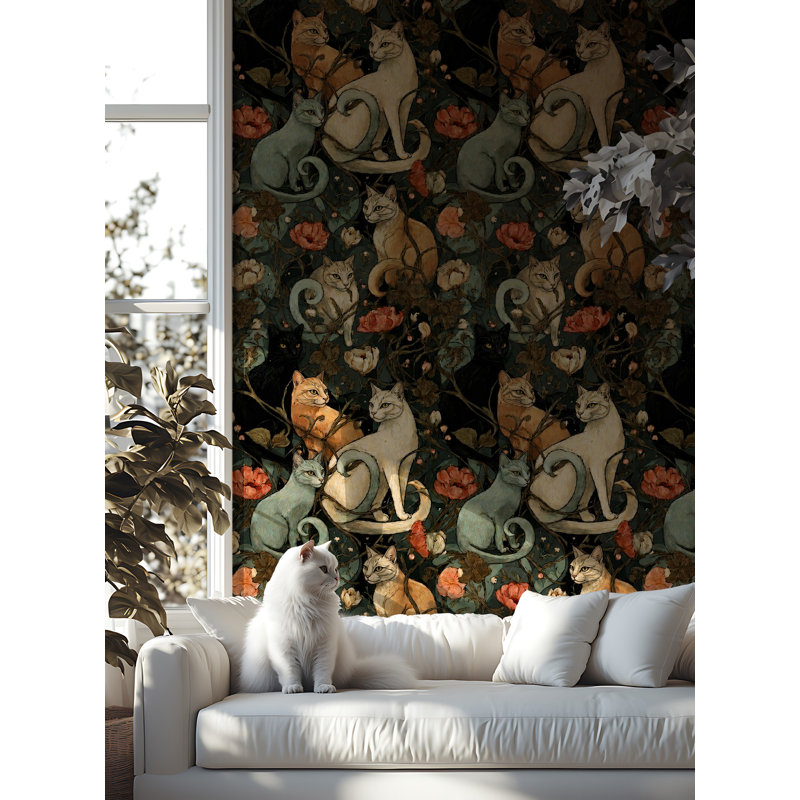 Vintage Cat and Floral Wallpaper in Black Green and Coral Tones