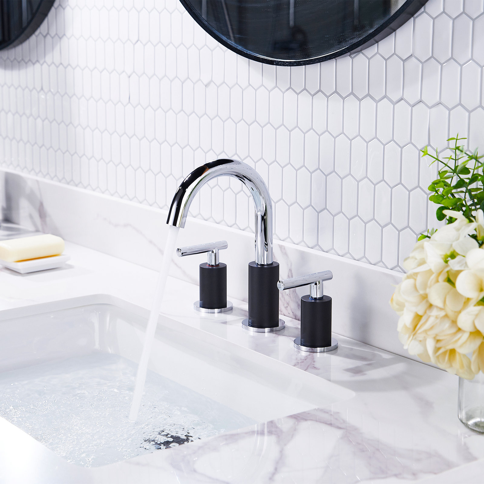 Celestine Widespread Bathroom Faucet with Drain, Black/Chrome