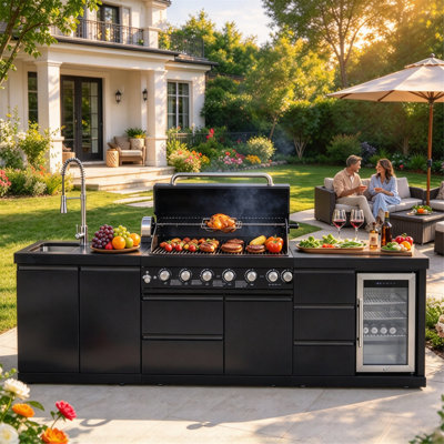 114" 3-in-1 Outdoor Kitchen Island, 6 Burner LNG Gas BBQ Grill with Rotisserie, Outdoor Refrigerator & Drop-In Sink, Marble Countertop, Stainless Steel Frame, Storage Drawers & Cabinets for Backyard BBQ Parties