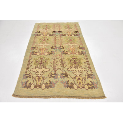 Tapis de zone en laine vert 4 pi 2 po x 7 pi 3 po one-of-kind-noué la main Mehdi