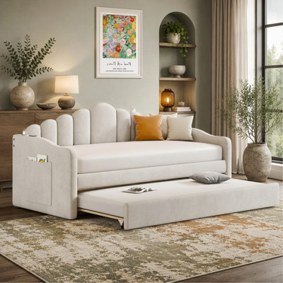 Lit de jour simple rembourré avec couchette, canapé-lit en velours avec ports de chargement USB, aucun sommier nécessaire, beige