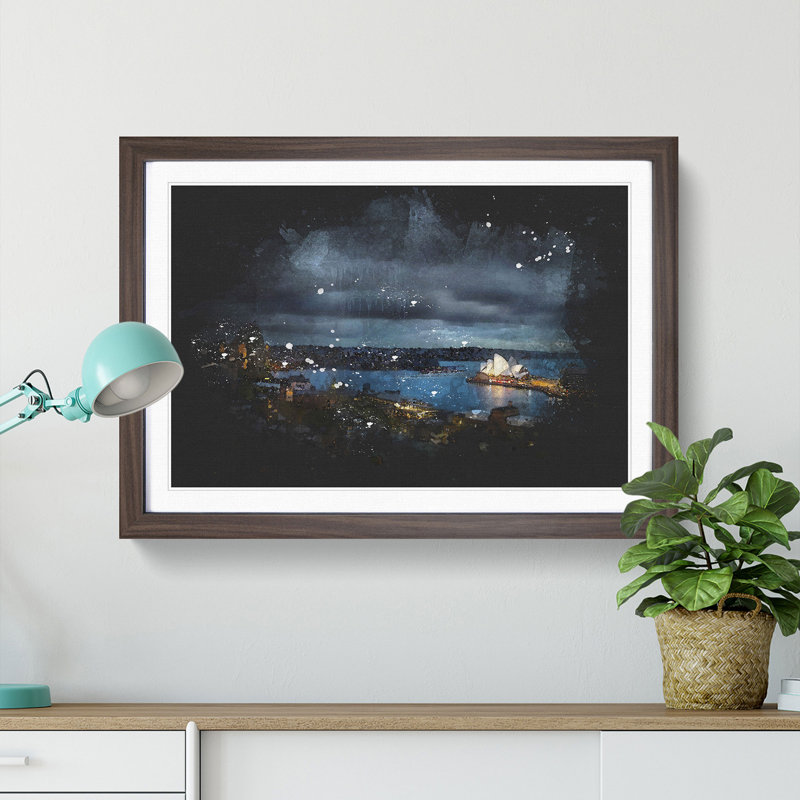 Sydney Skyline at Night - Picture Frame Graphic Art Print, 33cm H x 45cm W x 2cm D, Walnut Framed