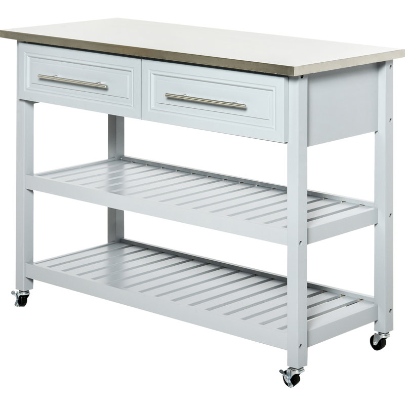 Chariot de cuisine avec plateau en acier inoxydable, 2 tablettes ouvertes, tiroirs, gris, style rustique pour îlot de maison, décor inspiré