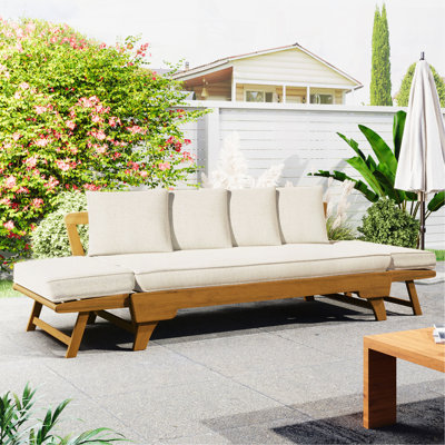 Canapé d'extérieur d'extérieur pour lit de jour, canapé 3 places avec accoudoirs pliables et 4 coussins de dossier, coussin amovible en teck et structure en bois d'acacia beige