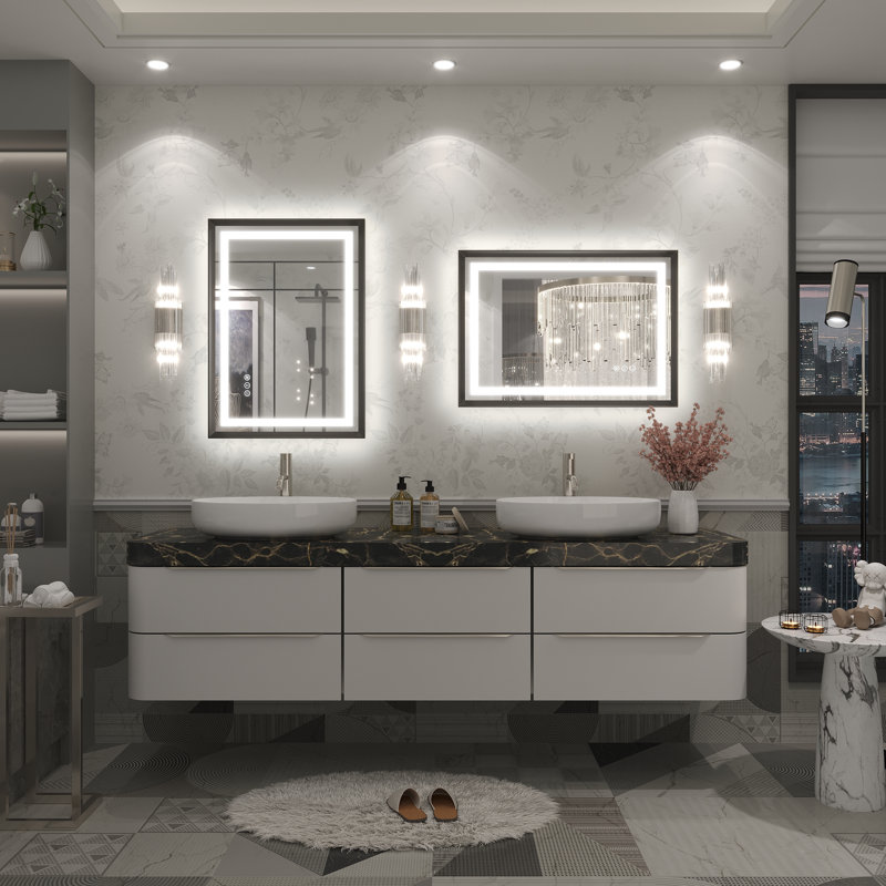 Molly Black Metal Framed LED Front Light and Backlit Anti-Fog Wall Bathroom/ Vanity Mirror, 28" H x 20" W