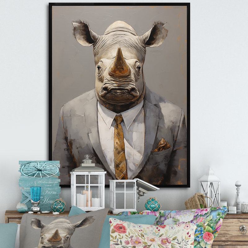 «Business Hippo Portrait», reproduction d'art sur toile, Cadre flottant noir, H 32 po x l 16 po x P 1 po
