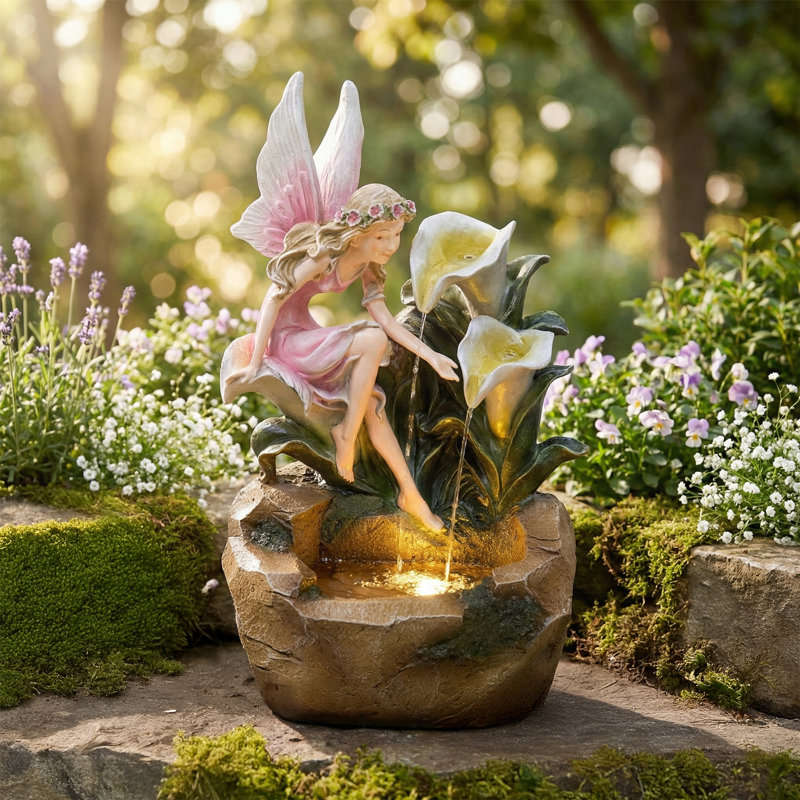 Fontaine de jardin féerique et florale avec lumière DEL - H 26,18 po