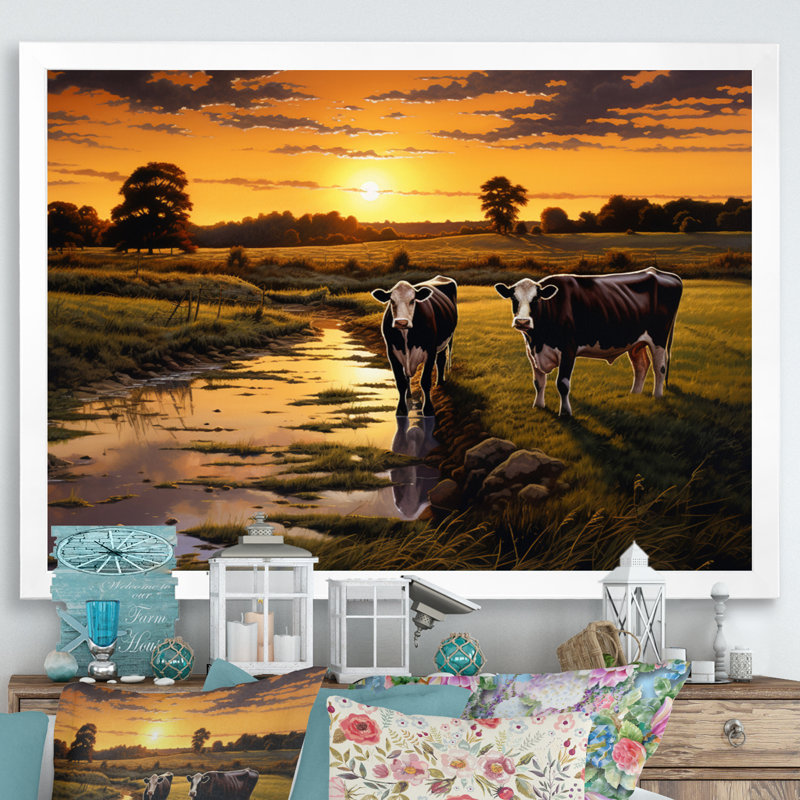 " Cows At Farm Landscape IV ", White Single Picture Framed, 12" H x 20" W x 1" D