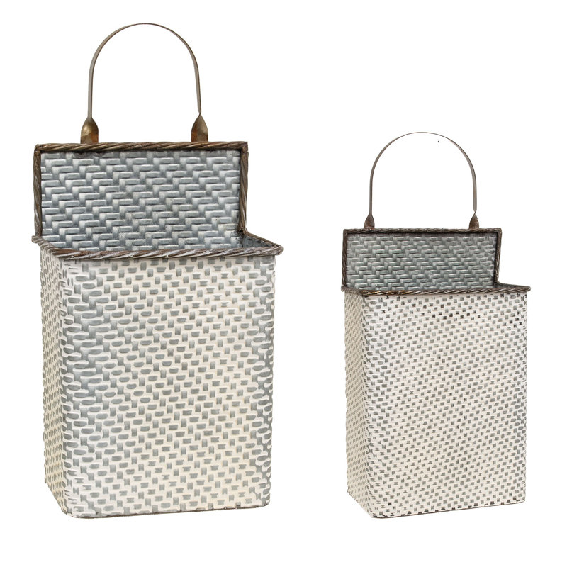 Ensemble de 2 paniers muraux rectangulaires en métal lavé blanc