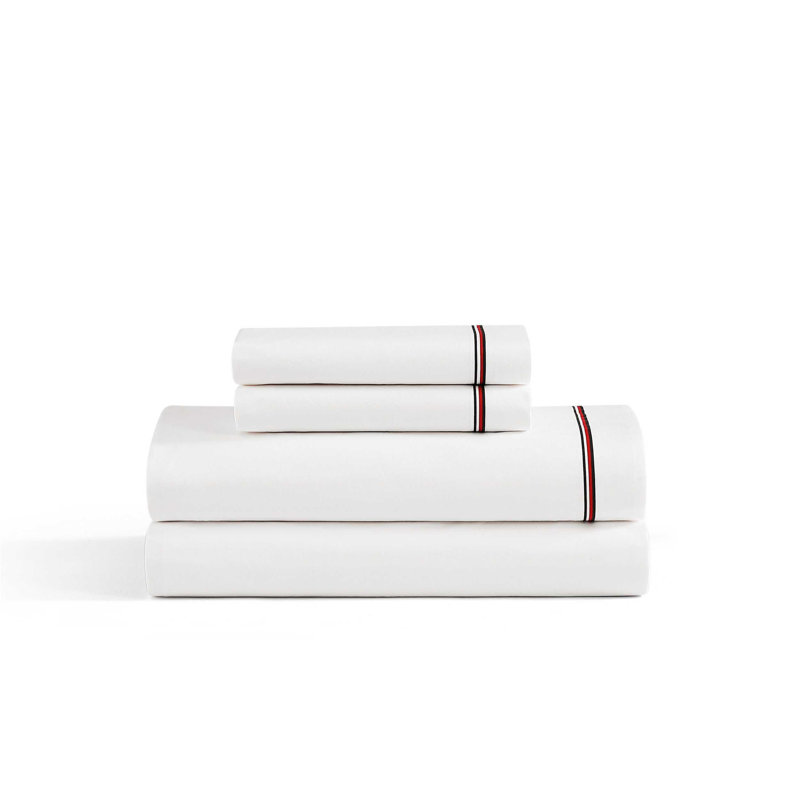 Tommy Hilfiger Printed Percale Cotton Sheet Set, King Sheet Set with 2 Pillowcases, Global Stripe Red