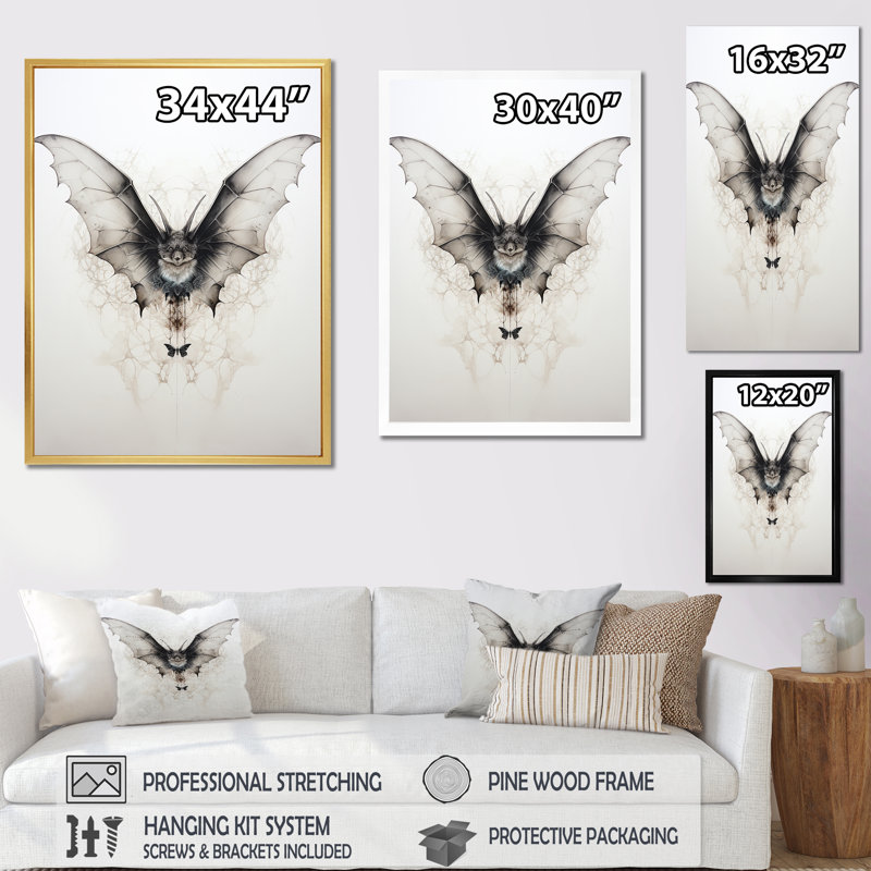 Minimalisme, chauve-souris noire et blanche sur toile, H 20 po x l 12 po x P 1 po, Encadrement doré