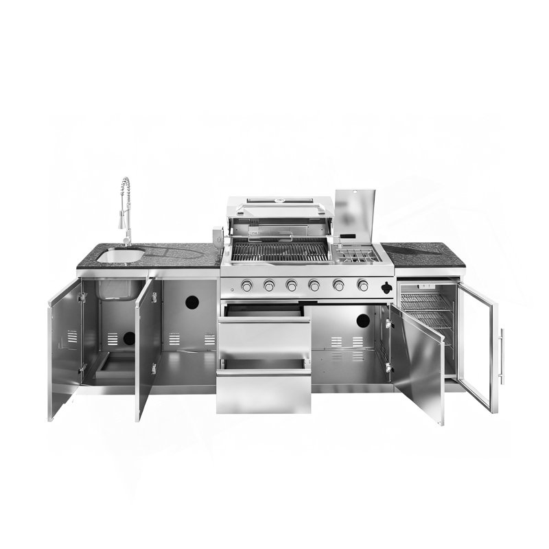 46-Inch 4-Burner 72000 BTU Deluxe Stainless Steel Gas Outdoor Kitchen Bar Barbecue Island Grill  + Wine Cooler Compact Refrigerator + Rotisserie + Granite Countertops + Storage Cabinets & Drawers
