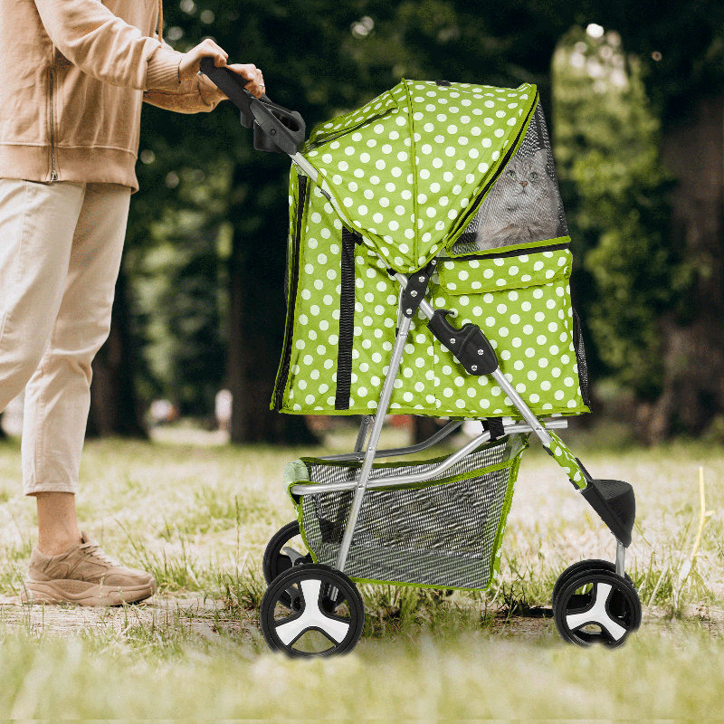 Lawn Green Polka Dot Foldable Pet Stroller with Storage