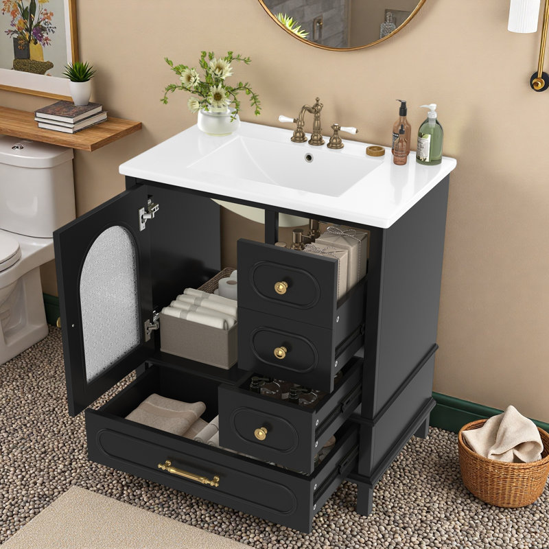 Modern Bathroom Vanity With Ceramic Sink, 3 Storage Drawers And 1 Spacious Cabinet, Black