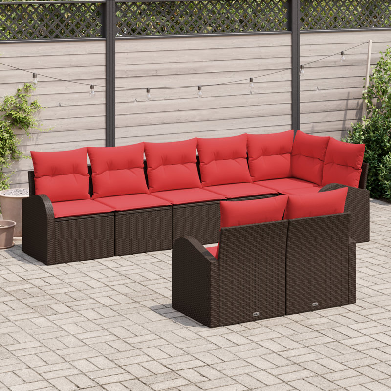 vidaXL Garden Sofa Set Brown Poly Rattan, Brown Frame/Red Cushion