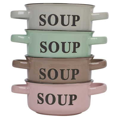 4 Coloured Stoneware Ceramic Cereal Soup Bowls Handles Serving Dish Set 500ml