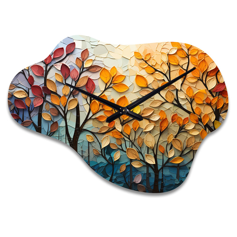 Horloge murale asymétrique en métal Rutkowski Leaves Autumnal Symphony Patchwork I - Leaves, Petit