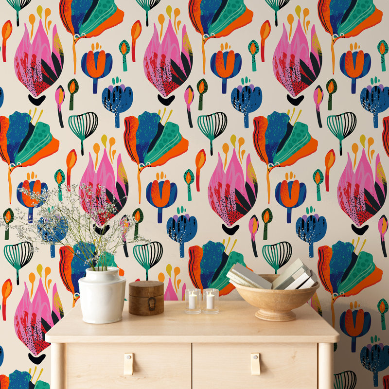 Papier peint à motif floral coloré sur fond crème, L 106 po x l 187 po