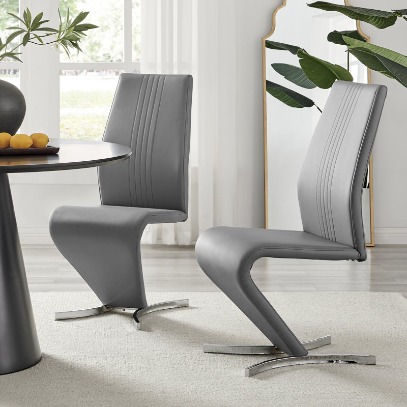 Edzard Double Pedestal High Gloss Dining Table Set with 6 Modern Faux Leather Dining Chairs, Elephant Grey