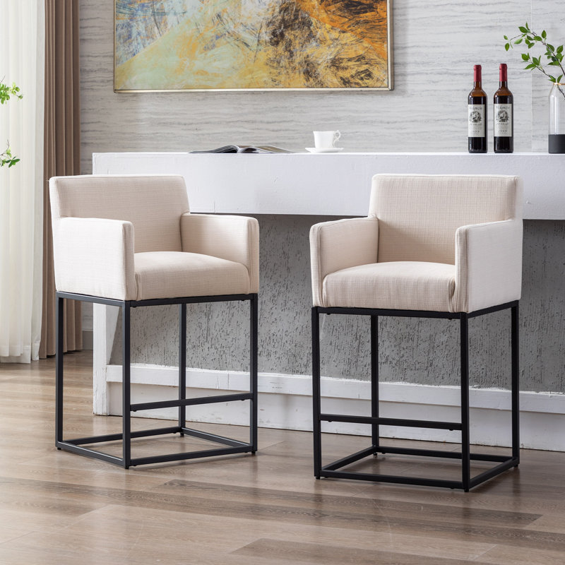 Datia Upholstered Counter Stool with Iron Frame, Cream Polyester / Black Frame, Counter Stool (26.75” Seat Height)