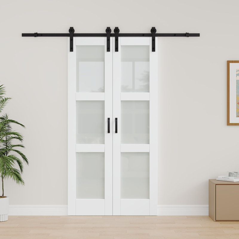  Double porte de grange coulissante en verre givré H 84 po, 42 po x 84 po, Sans fermeture en douceur